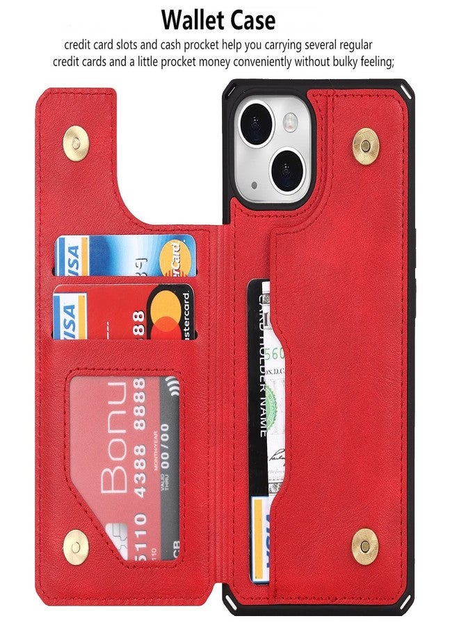 iCoverCase Compatible with iPhone 13 Wallet Case with Card Holder and Wrist Strap, PU Leather Card Slots Kickstand Double Magnetic Clasp Shockproof Case 6.1 Inch (Red) - Image 3