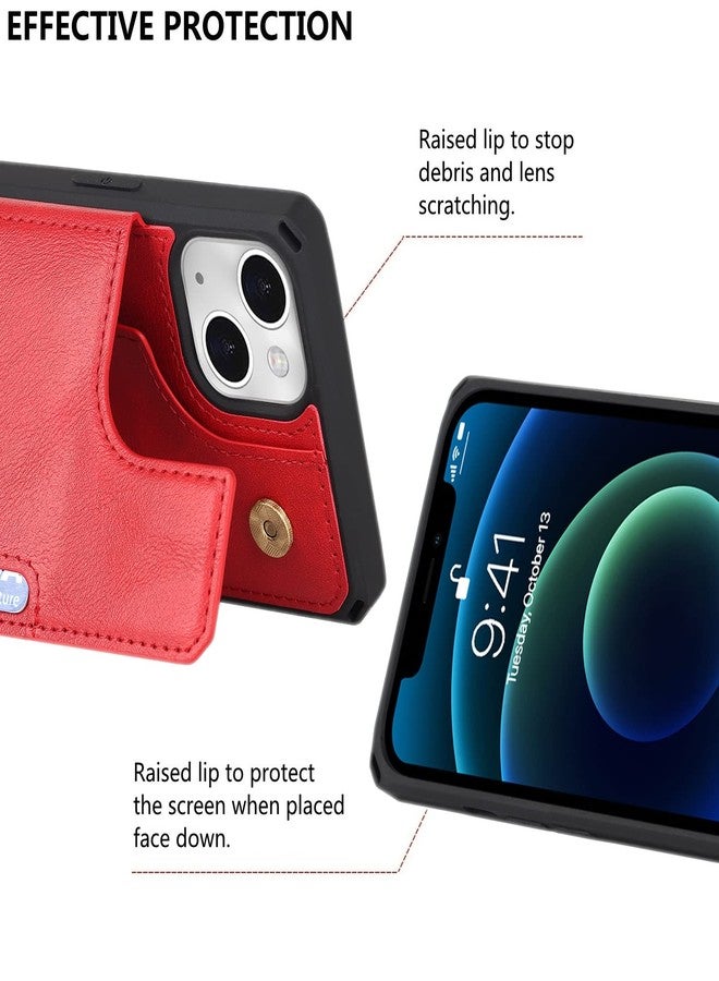 iCoverCase Compatible with iPhone 13 Wallet Case with Card Holder and Wrist Strap, PU Leather Card Slots Kickstand Double Magnetic Clasp Shockproof Case 6.1 Inch (Red) - Image 4