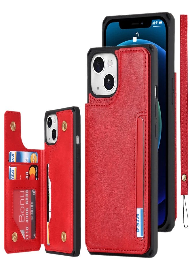 iCoverCase Compatible with iPhone 13 Wallet Case with Card Holder and Wrist Strap, PU Leather Card Slots Kickstand Double Magnetic Clasp Shockproof Case 6.1 Inch (Red) - Image 1