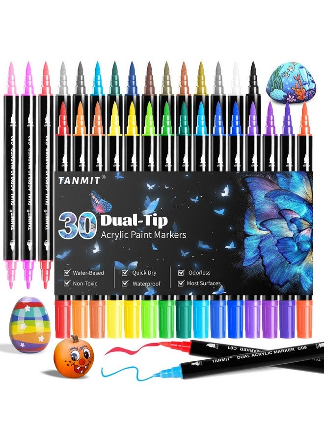 TANMIT 30 Colors Acrylic Paint Pens, Dual Tip Acrylic Paint Markers With Brush Tip And Fine Tip, Acrylic Pens For Rock Painting, Wood, Canvas, Stone, Glass, Ceramic,Diy Crafts Making Art Supplies - Image 1