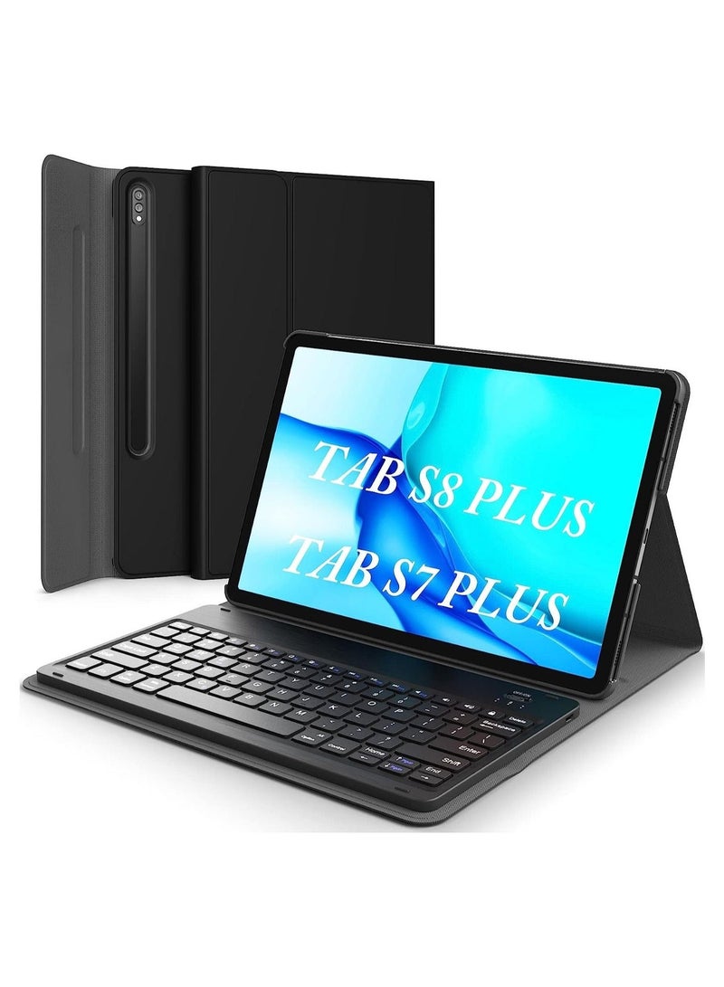 Galaxy Tab S8 Plus/ S7 Plus Keyboard Case Wireless Detachable  Leather Stand Cover Micro USB Rechargeable Keyboard Case - Image 1