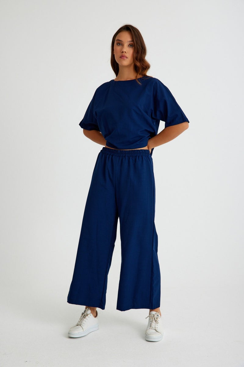 Barbora Linen Daily Comfortable Elastic Waist Women's Two Piece Set Bottom Top LN10LACIVERT4  - Image 3