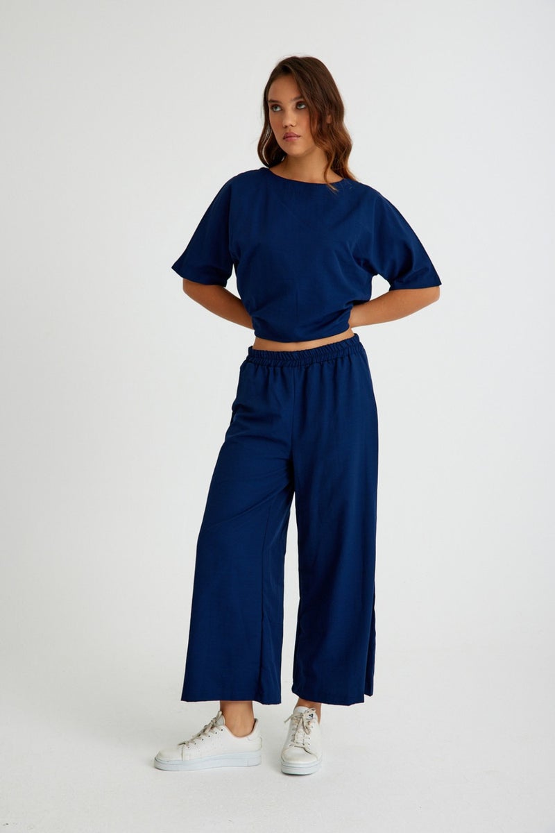 Barbora Linen Daily Comfortable Elastic Waist Women's Two Piece Set Bottom Top LN10LACIVERT4  - Image 2