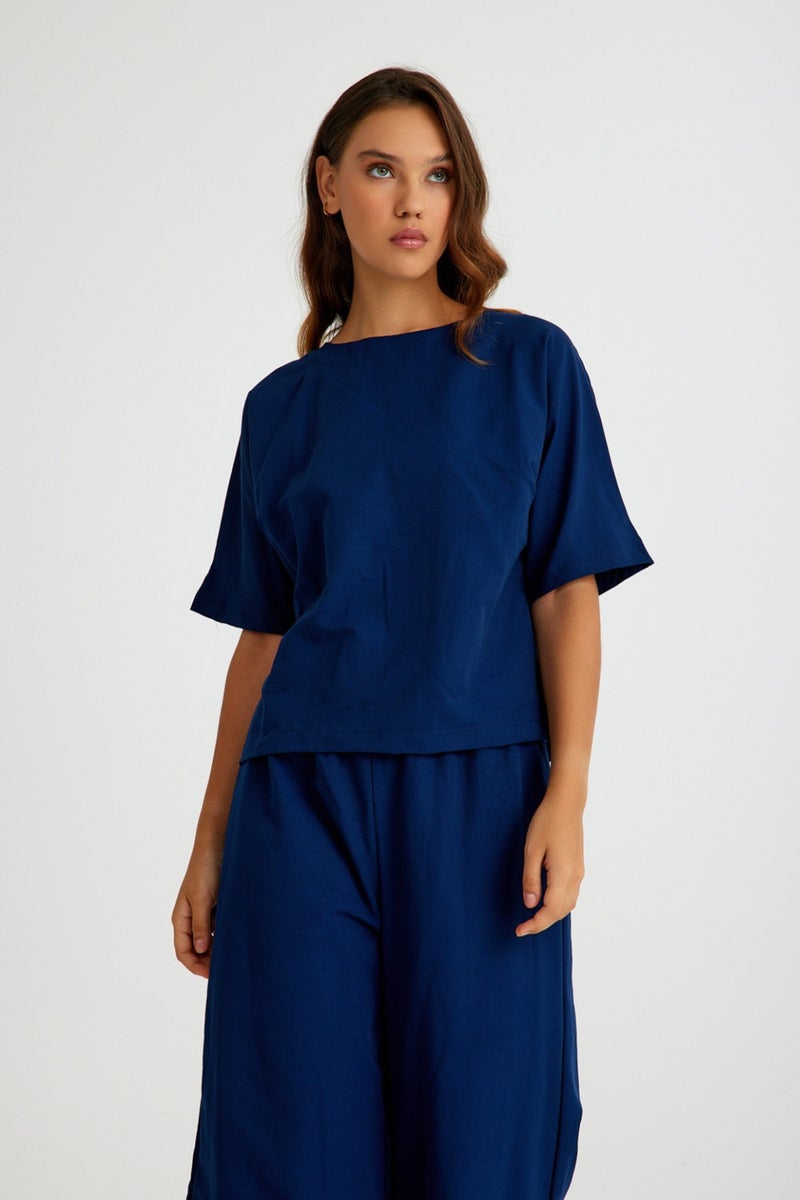 Barbora Linen Daily Comfortable Elastic Waist Women's Two Piece Set Bottom Top LN10LACIVERT4  - Image 5