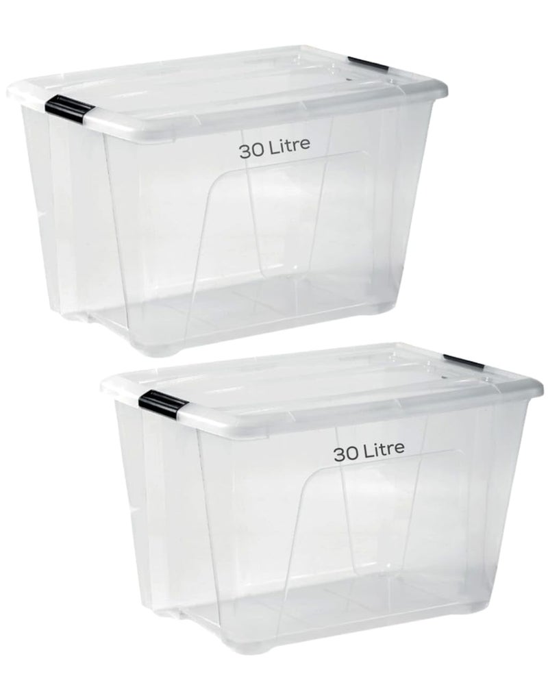 HOOJO® 30L Clear Storage Boxes with Lockable Lid – Pack of 2 Transparent Plastic Organizers for Clothes, Toys, Tools, Office Supplies, Medicines & Crafts (30 LTR) - Image 1