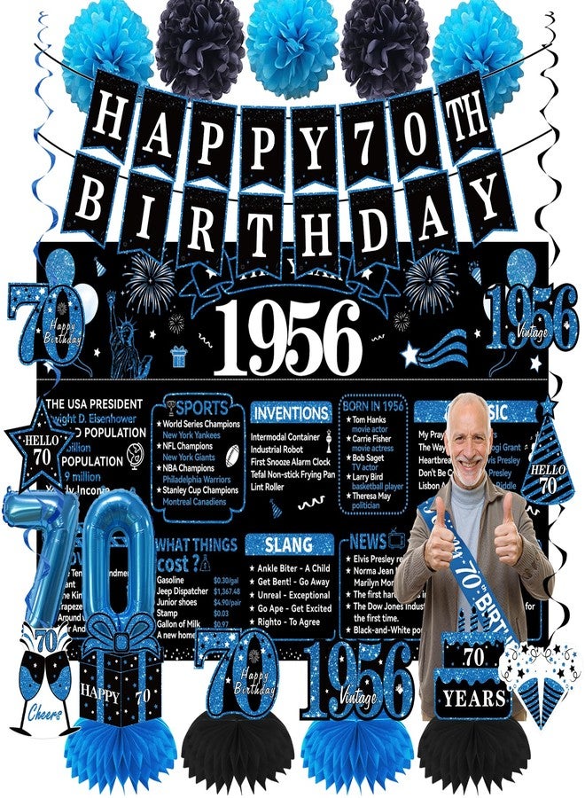 Uiorgui 70th Birthday Decorations for Men, 19pcs Black Blue Vintage 1956 Happy 70th Birthday Banner Backdrop Balloons Sash Hanging Swirls Table Centerpieces Paper Pompoms, 70 Years Old Party Supplies Kit - Image 1