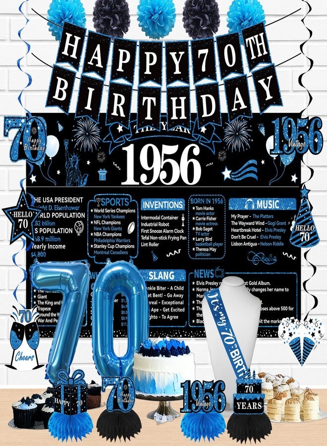 Uiorgui 70th Birthday Decorations for Men, 19pcs Black Blue Vintage 1956 Happy 70th Birthday Banner Backdrop Balloons Sash Hanging Swirls Table Centerpieces Paper Pompoms, 70 Years Old Party Supplies Kit - Image 4