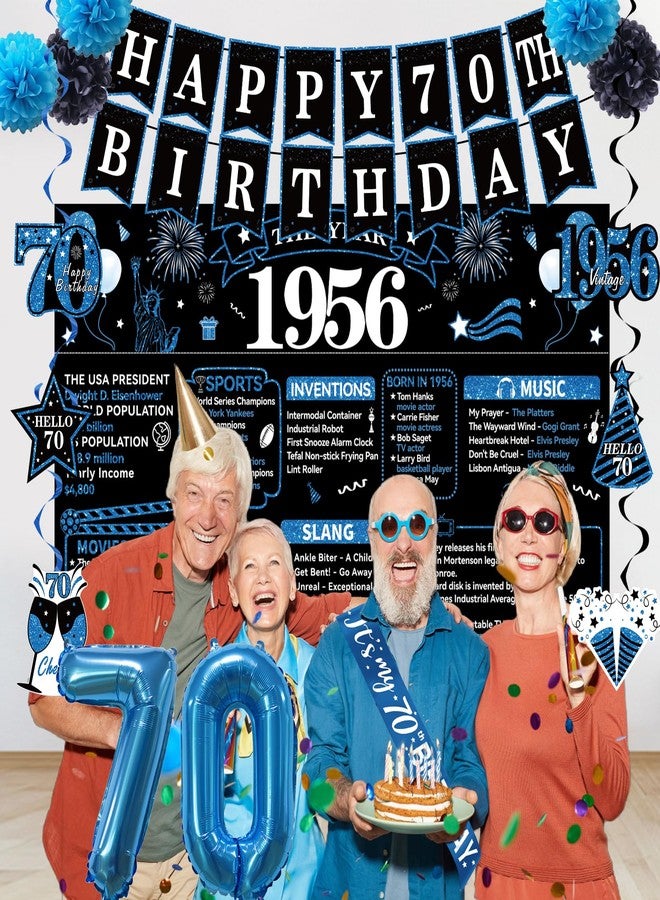 Uiorgui 70th Birthday Decorations for Men, 19pcs Black Blue Vintage 1956 Happy 70th Birthday Banner Backdrop Balloons Sash Hanging Swirls Table Centerpieces Paper Pompoms, 70 Years Old Party Supplies Kit - Image 3