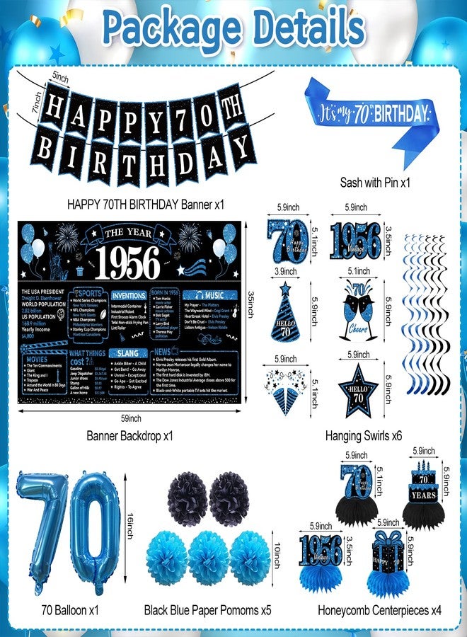 Uiorgui 70th Birthday Decorations for Men, 19pcs Black Blue Vintage 1956 Happy 70th Birthday Banner Backdrop Balloons Sash Hanging Swirls Table Centerpieces Paper Pompoms, 70 Years Old Party Supplies Kit - Image 2