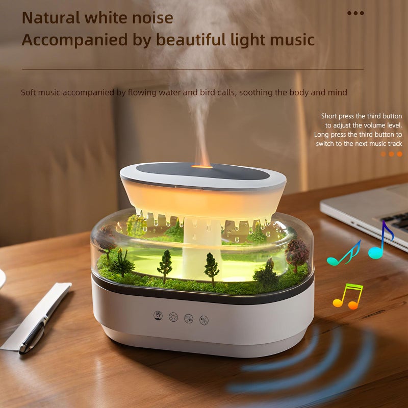 Holwim Essential Oil Flame Diffuser 250ml Cloud Rain Humidifier Water Drip Aromatherapy Diffuser Air Humidifier with 7 Colors Light, Micro Landscape, White Noise, Auto-Off for Home Office (White) - Image 4