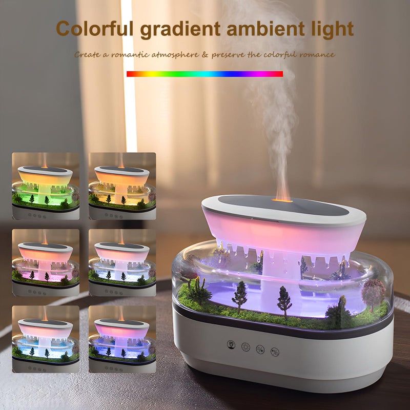 Holwim Essential Oil Flame Diffuser 250ml Cloud Rain Humidifier Water Drip Aromatherapy Diffuser Air Humidifier with 7 Colors Light, Micro Landscape, White Noise, Auto-Off for Home Office (White) - Image 3