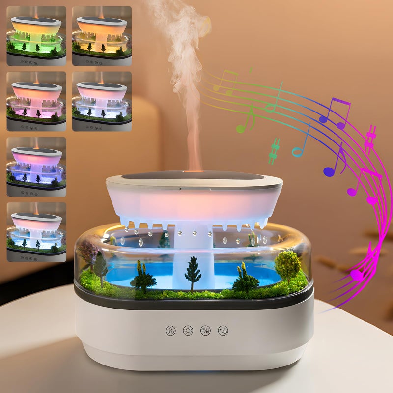 Holwim Essential Oil Flame Diffuser 250ml Cloud Rain Humidifier Water Drip Aromatherapy Diffuser Air Humidifier with 7 Colors Light, Micro Landscape, White Noise, Auto-Off for Home Office (White) - Image 1