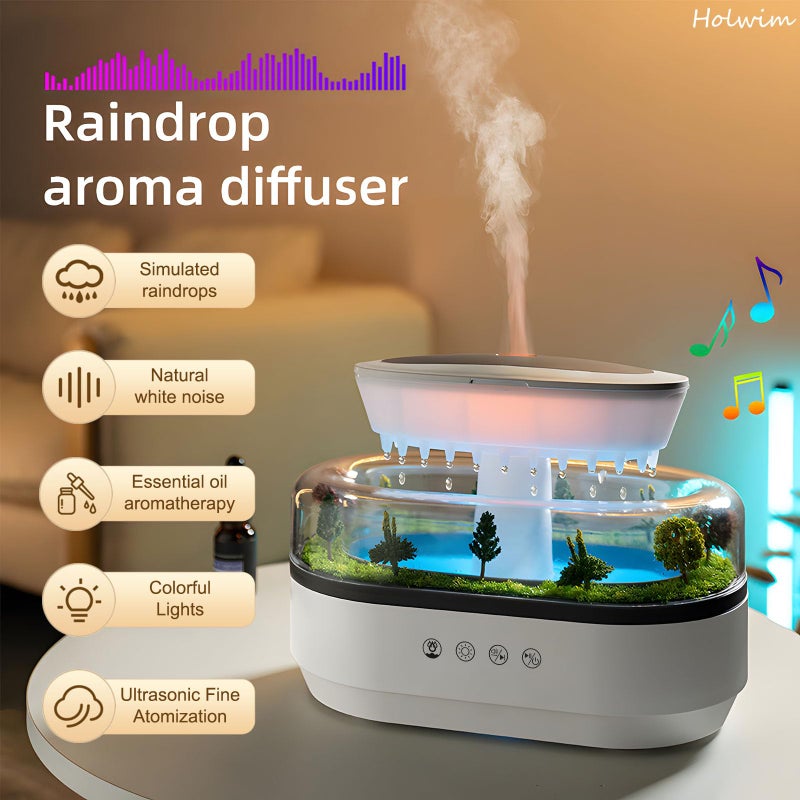 Holwim Essential Oil Flame Diffuser 250ml Cloud Rain Humidifier Water Drip Aromatherapy Diffuser Air Humidifier with 7 Colors Light, Micro Landscape, White Noise, Auto-Off for Home Office (White) - Image 2