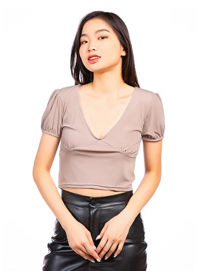 London Rag Taupe Pleated V Neck Top