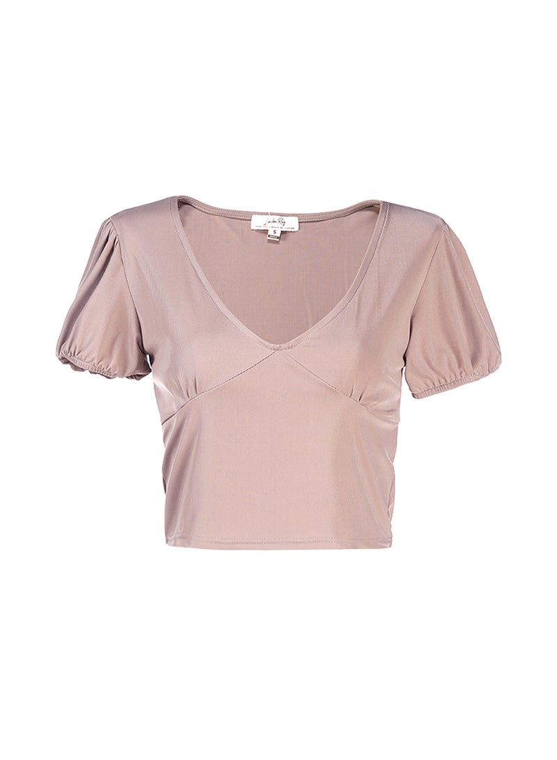London Rag Taupe Pleated V Neck Top - Image 4