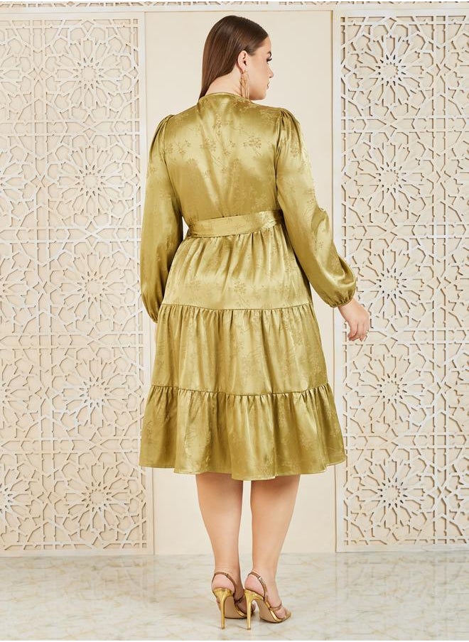 Styli Plus Size Satin Jacquard Wrap Midi Dress  - Image 3