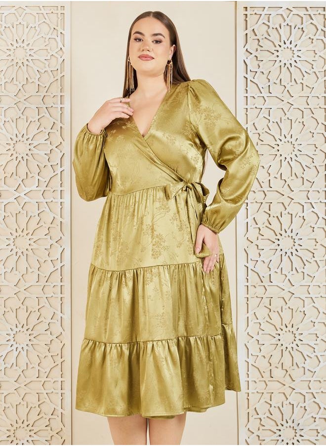 Styli Plus Size Satin Jacquard Wrap Midi Dress  - Image 2