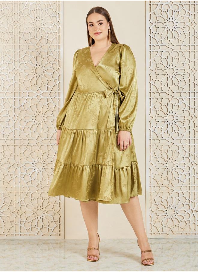 Styli Plus Size Satin Jacquard Wrap Midi Dress  - Image 1