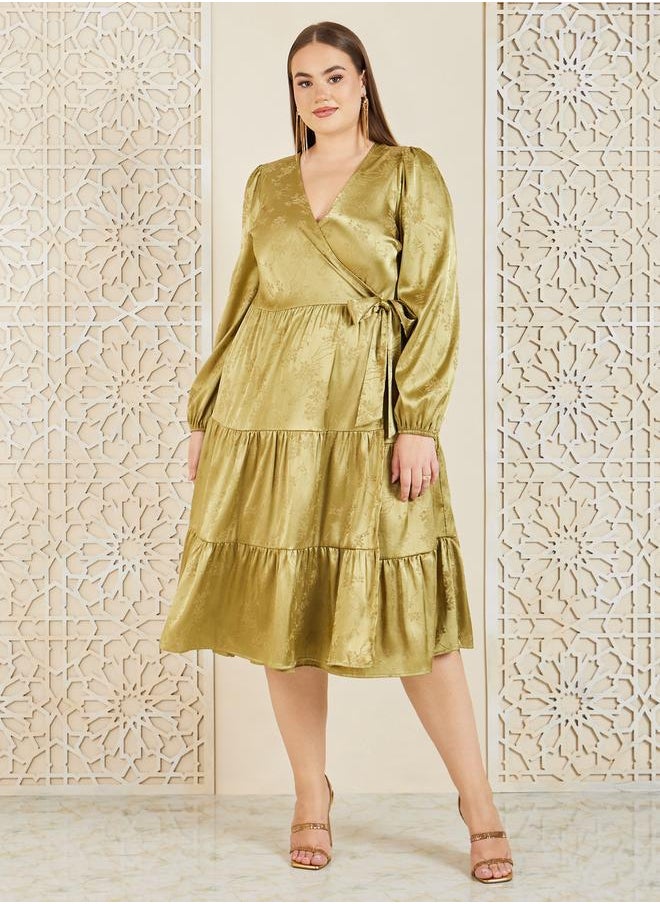 Styli Plus Size Satin Jacquard Wrap Midi Dress  - Image 5