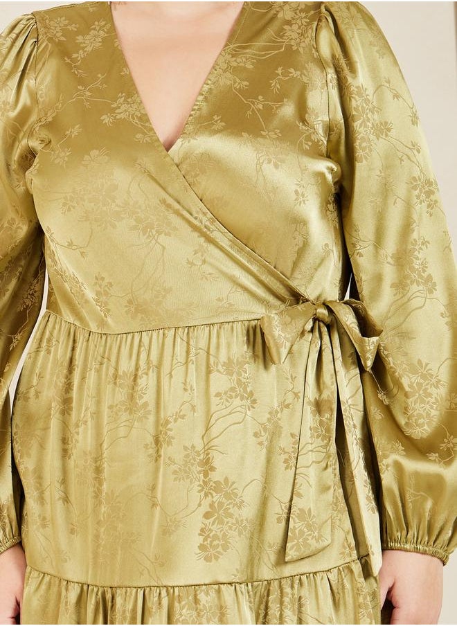 Styli Plus Size Satin Jacquard Wrap Midi Dress  - Image 4