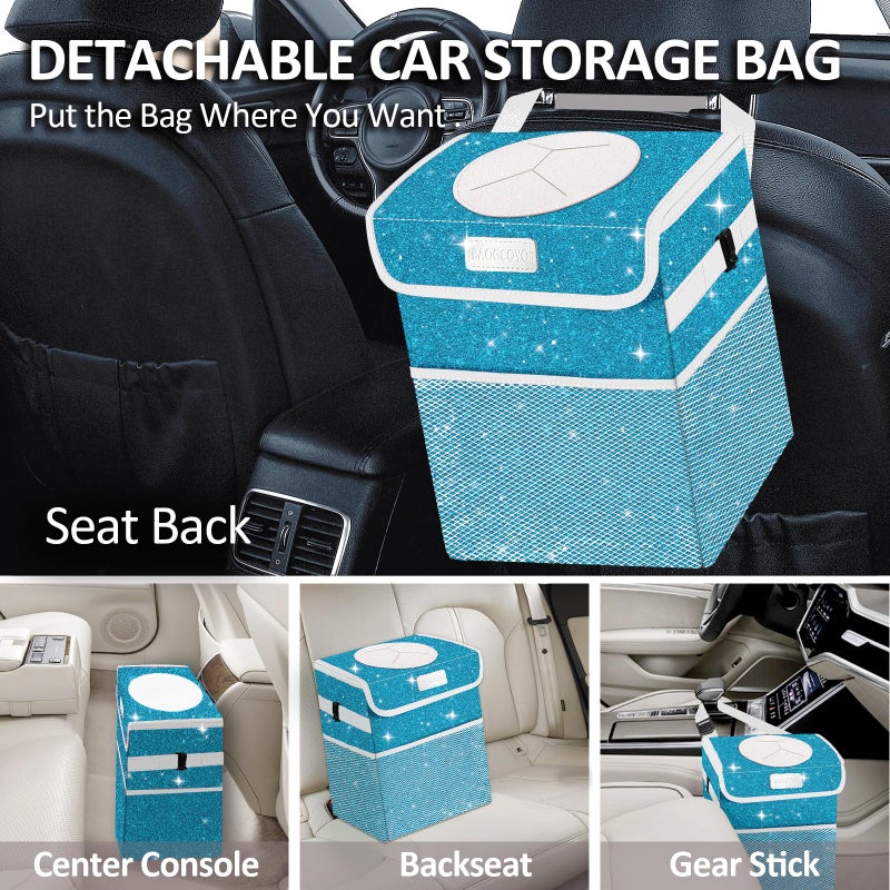 BAOGCOYO Car Trash Can for Car, Cute Mini Car Trash Bag with Lid, Glitter Car Garbage Can Bin Hanging for Back/Front Seat/Console, Waterproof, Leakproof, 2.5 Gallon, Blue Bling Sparkly - Image 3