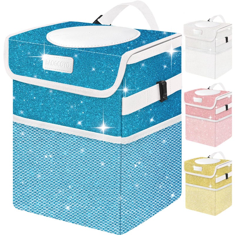 BAOGCOYO Car Trash Can for Car, Cute Mini Car Trash Bag with Lid, Glitter Car Garbage Can Bin Hanging for Back/Front Seat/Console, Waterproof, Leakproof, 2.5 Gallon, Blue Bling Sparkly - Image 1