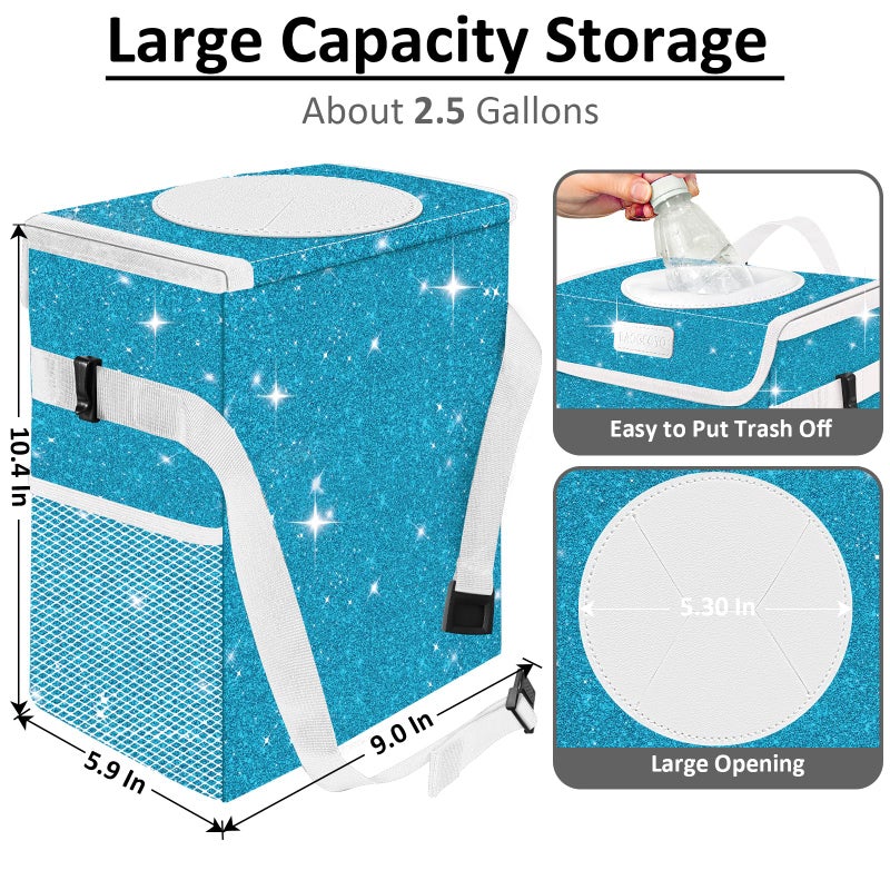BAOGCOYO Car Trash Can for Car, Cute Mini Car Trash Bag with Lid, Glitter Car Garbage Can Bin Hanging for Back/Front Seat/Console, Waterproof, Leakproof, 2.5 Gallon, Blue Bling Sparkly - Image 2
