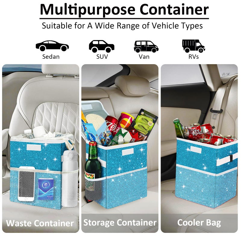 BAOGCOYO Car Trash Can for Car, Cute Mini Car Trash Bag with Lid, Glitter Car Garbage Can Bin Hanging for Back/Front Seat/Console, Waterproof, Leakproof, 2.5 Gallon, Blue Bling Sparkly - Image 5