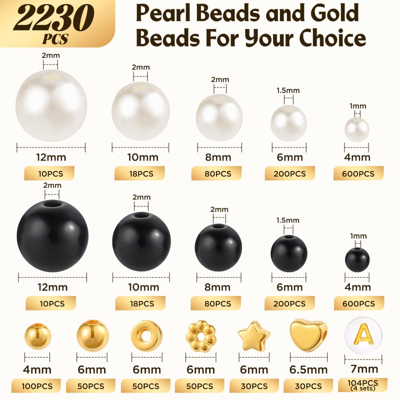Funtopia 2230pcs Black and White Pearl Beads, 5 Sizes Round Pearls Beads for Jewelry Making Bracelets, Small Black Pearls with Gold Spacer Bead Letter Bead for Crafts Necklaces Earrings DIY - Image 5