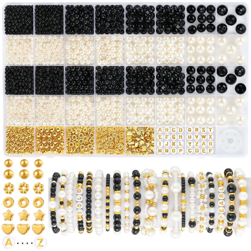 Funtopia 2230pcs Black and White Pearl Beads, 5 Sizes Round Pearls Beads for Jewelry Making Bracelets, Small Black Pearls with Gold Spacer Bead Letter Bead for Crafts Necklaces Earrings DIY - Image 1