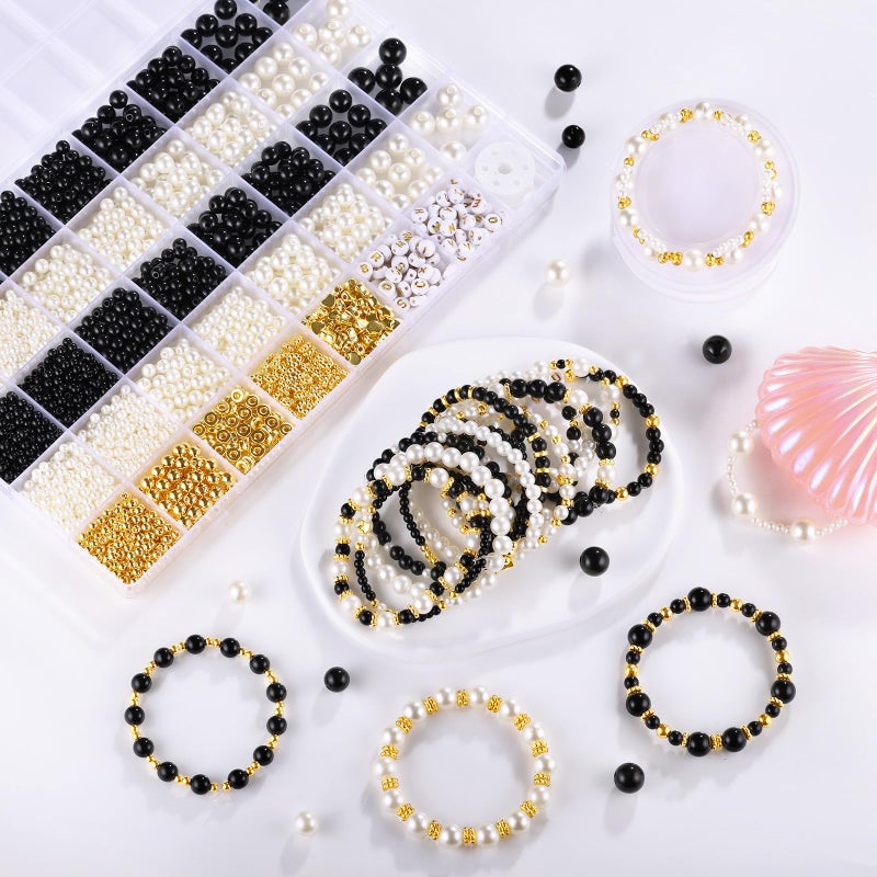 Funtopia 2230pcs Black and White Pearl Beads, 5 Sizes Round Pearls Beads for Jewelry Making Bracelets, Small Black Pearls with Gold Spacer Bead Letter Bead for Crafts Necklaces Earrings DIY - Image 2