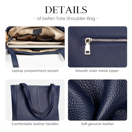 befen Soft Real Leather Tote Bag for Women, Ladies Leather Shoulder Bags Purse Satchel Handbag with Top Handles for Work Navy Blue - Image 5