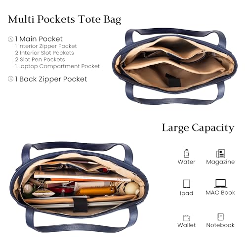 befen Soft Real Leather Tote Bag for Women, Ladies Leather Shoulder Bags Purse Satchel Handbag with Top Handles for Work Navy Blue - Image 4