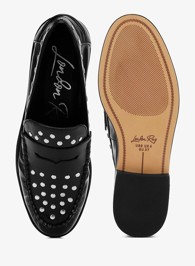 London Rag  Studs Embellished Leather Loafers in Black for Women | Best Price UAE