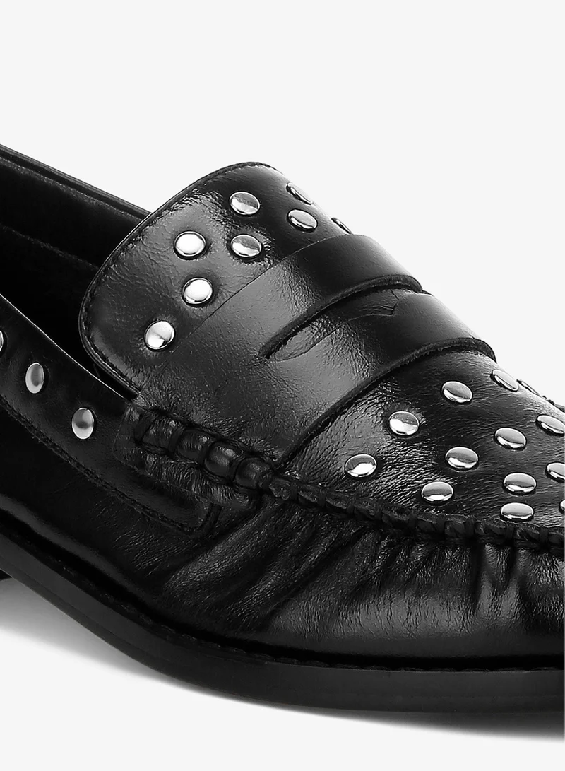 London Rag  Studs Embellished Leather Loafers in Black for Women | Best Price UAE