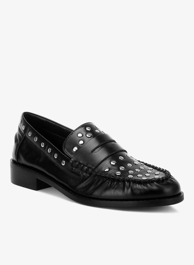 London Rag  Studs Embellished Leather Loafers in Black for Women | Best Price UAE