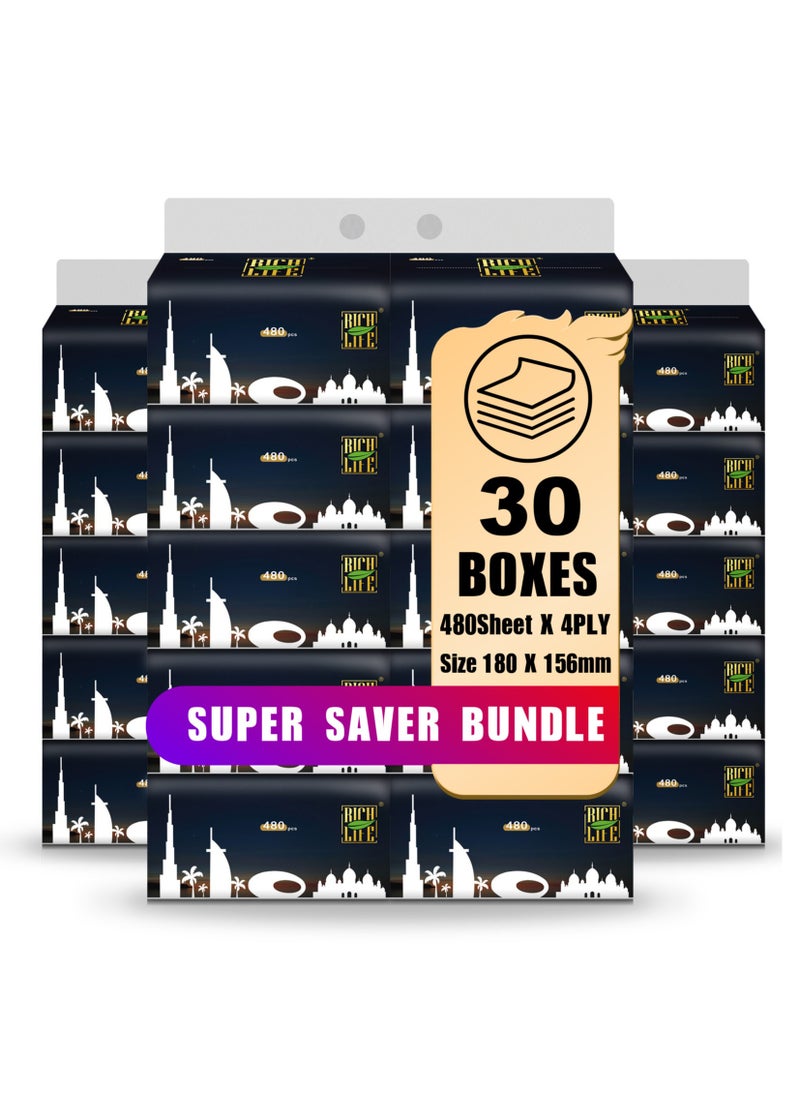 Rich Life Facial Tissue - Premium Quality 4-Ply - 480 Sheets | 30 Value Packs | Soft, Durable & Moisture Proof | 100% Raw Wood Pulp - Ideal for Wet & Dry | Available in 5 to 100 Packs  - Image 1