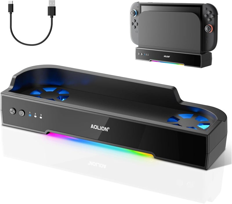 OLCLSS Switch 2 Cooling Fan Dock, Dual High-Speed Fans with 3-Speed Adjustment, RGB Lighting, Quiet Operation, Wall Mountable Stand, USB Powered Cooling Fan Station for Switch 2 Console - Image 1