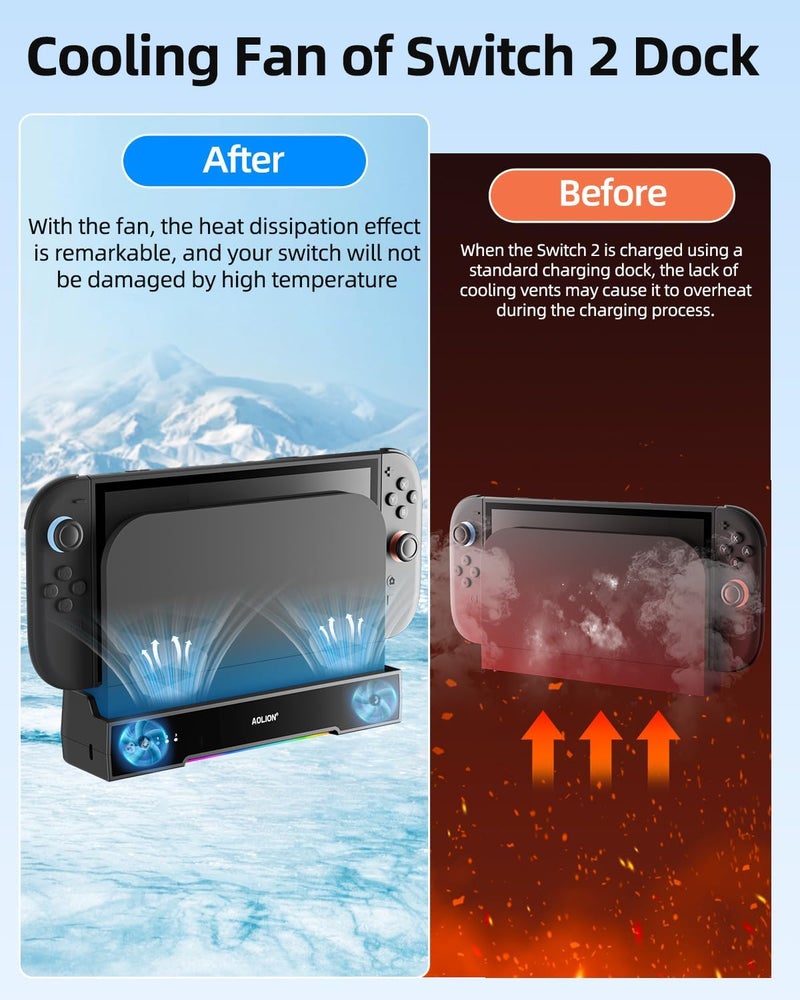 OLCLSS Switch 2 Cooling Fan Dock, Dual High-Speed Fans with 3-Speed Adjustment, RGB Lighting, Quiet Operation, Wall Mountable Stand, USB Powered Cooling Fan Station for Switch 2 Console - Image 5