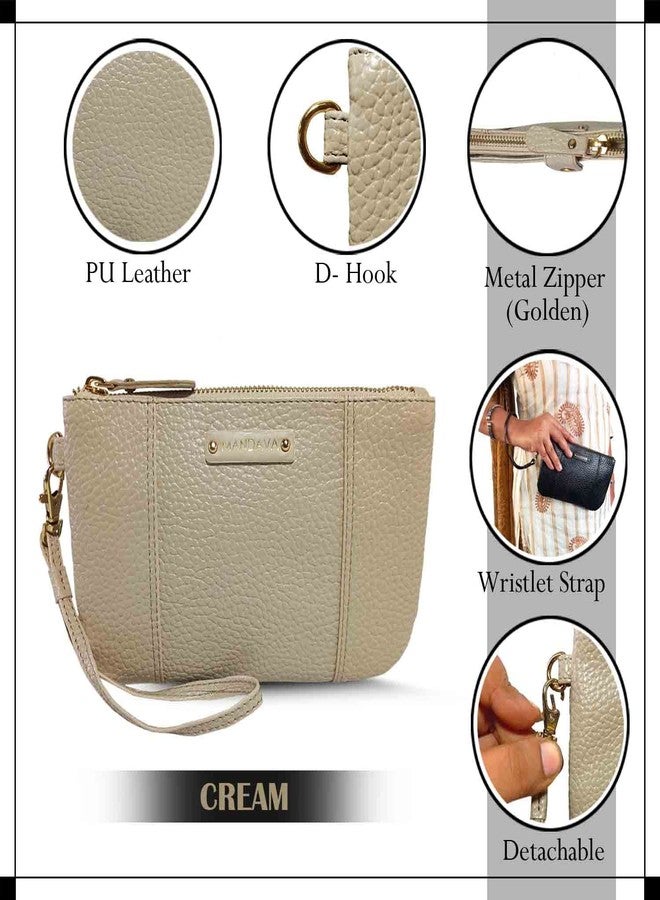 MANDAVA Ladies PU Leather Hand Clutch Wallet | Women's Zip Around Purse Bag with Detachable Wristlet Strap (Cream) - Image 3