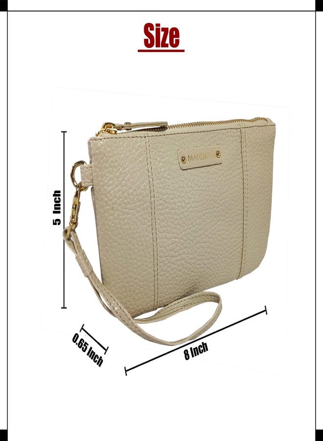 MANDAVA Ladies PU Leather Hand Clutch Wallet | Women's Zip Around Purse Bag with Detachable Wristlet Strap (Cream) - Image 4