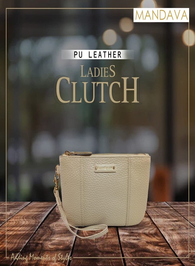 MANDAVA Ladies PU Leather Hand Clutch Wallet | Women's Zip Around Purse Bag with Detachable Wristlet Strap (Cream) - Image 5