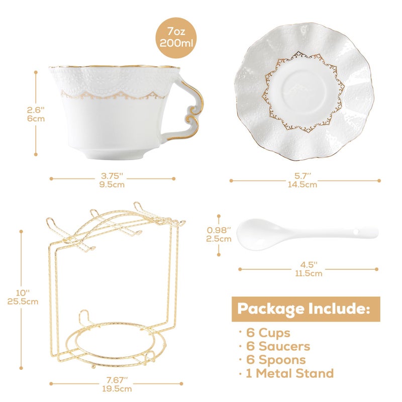 DUJUST Tea Cups and Saucers with Golden Trim,Set of 6 (7 OZ), Luxury Relief Printing Coffee Cups with Metal Stand, British Royal Porcelain Tea Party Set - White - Image 5