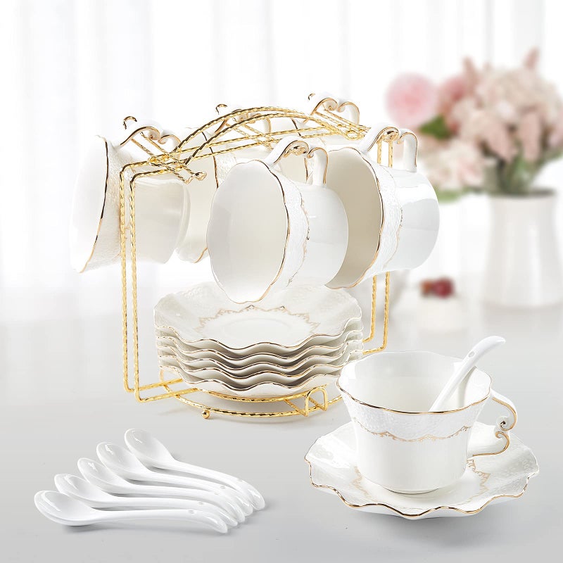 DUJUST Tea Cups and Saucers with Golden Trim,Set of 6 (7 OZ), Luxury Relief Printing Coffee Cups with Metal Stand, British Royal Porcelain Tea Party Set - White - Image 1