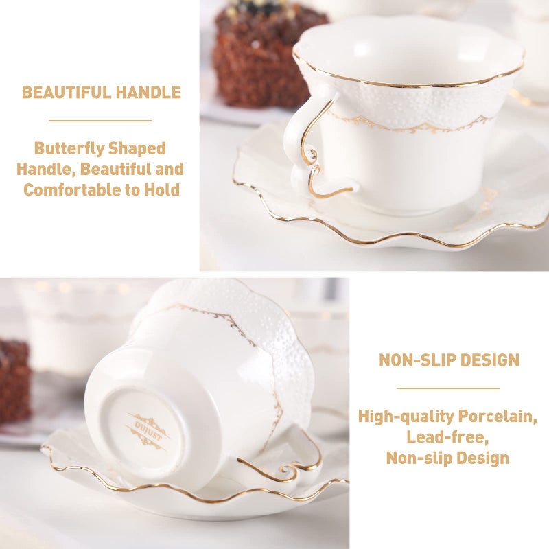 DUJUST Tea Cups and Saucers with Golden Trim,Set of 6 (7 OZ), Luxury Relief Printing Coffee Cups with Metal Stand, British Royal Porcelain Tea Party Set - White - Image 4