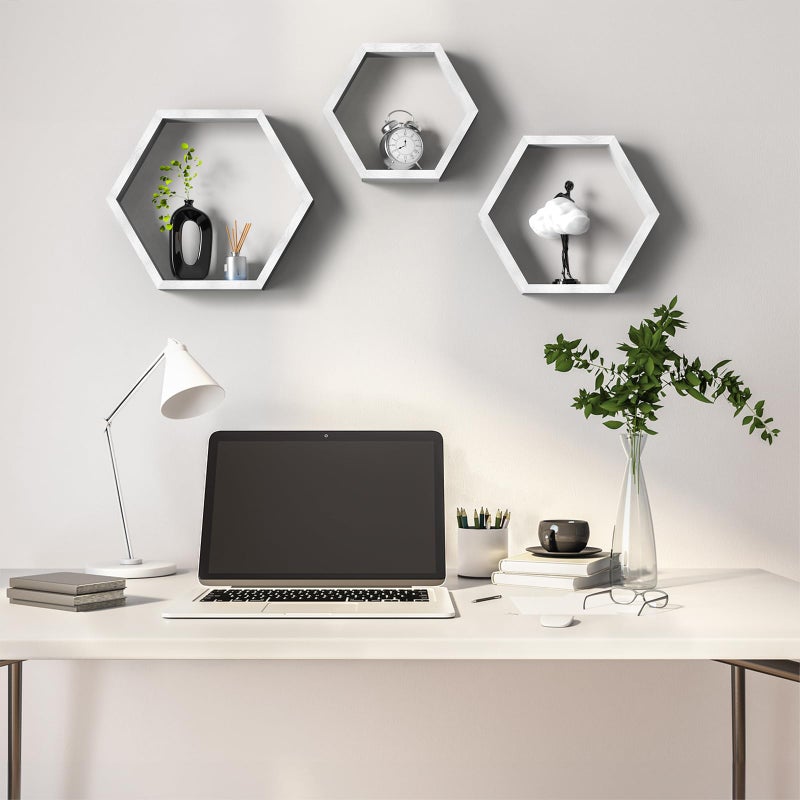 CADUKE Hexagon Floating Shelves Set of 3, White Wooden Hexagon Shelves for Wall Decor, Modern Honeycomb Floating Hanging Shelf, Decorative Wall Organizer for Living Room, Bedroom, Bathroom - Image 3