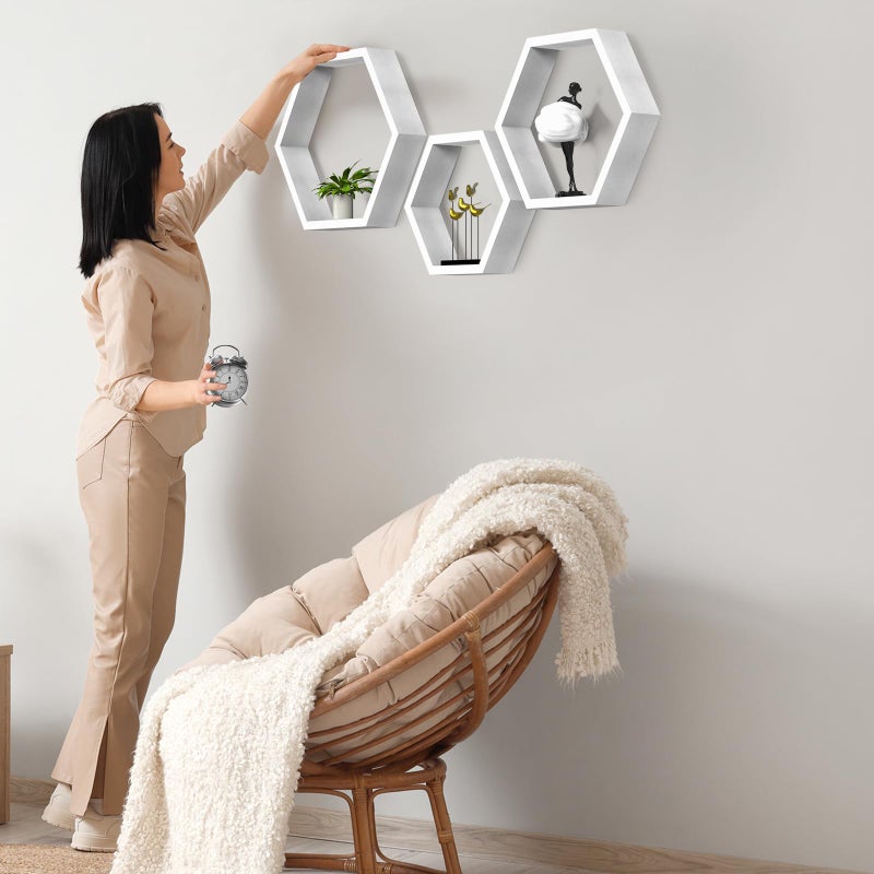 CADUKE Hexagon Floating Shelves Set of 3, White Wooden Hexagon Shelves for Wall Decor, Modern Honeycomb Floating Hanging Shelf, Decorative Wall Organizer for Living Room, Bedroom, Bathroom - Image 5