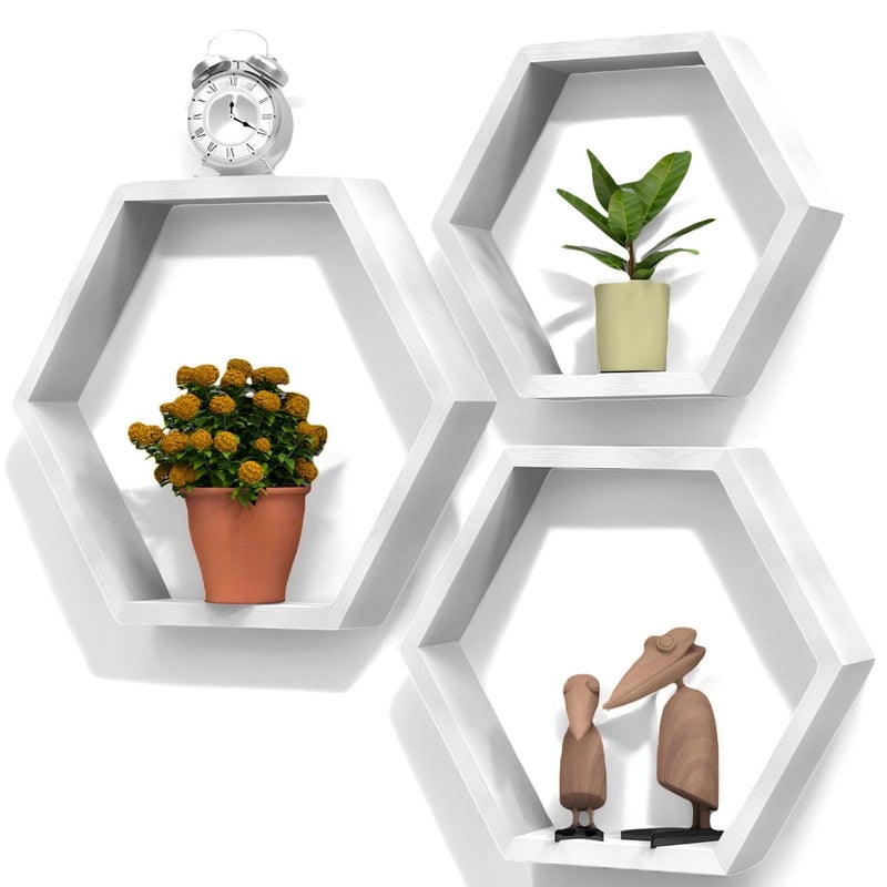 CADUKE Hexagon Floating Shelves Set of 3, White Wooden Hexagon Shelves for Wall Decor, Modern Honeycomb Floating Hanging Shelf, Decorative Wall Organizer for Living Room, Bedroom, Bathroom - Image 1