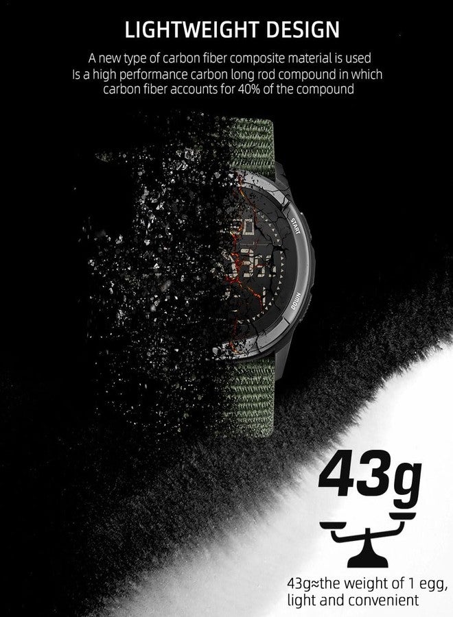 NORTH EDGE Men's Military Carbon Fiber Watch - Waterproof 164FT, Pedometer, Compass, Tactical Sports, Minimalist Metronome, EL Backlight, Nylon (Black), GREEN, Minimalist - Image 3