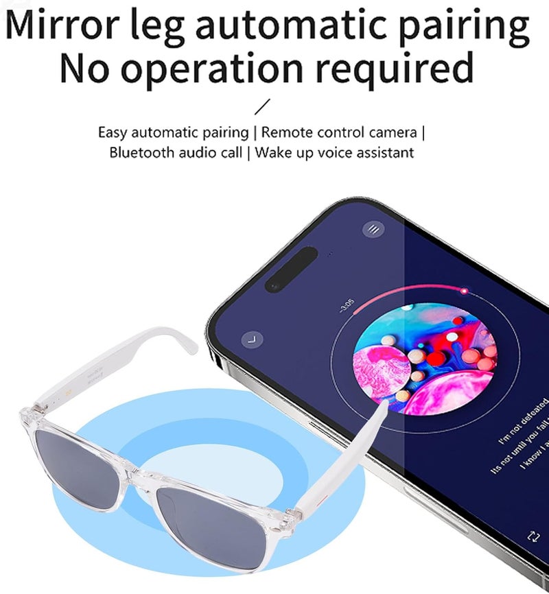 نظارات ذكية الذكاء الاصطناعي ، 144 لغة ترجمة نظارات بلوتوث موسيقى نظارات شمسية مع ميكروفون ودعم مكبر الصوت التصوير الفوتوغرافي عن بعد مساعد صوتي إطار أبيض (أبيض - Image 4